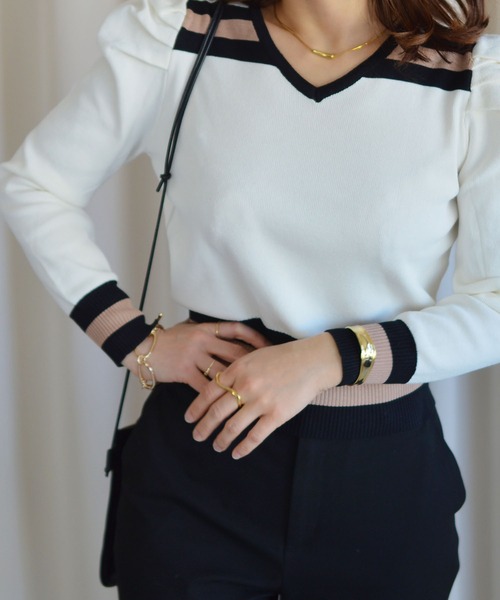 バイカラーＶネックトップス