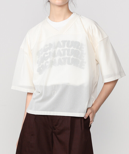 tシャツ ファブリックコンビプルオーバー レディース GYMPHLEX（ジムフレックス）の「Gymphlex | メッシュ Vネック