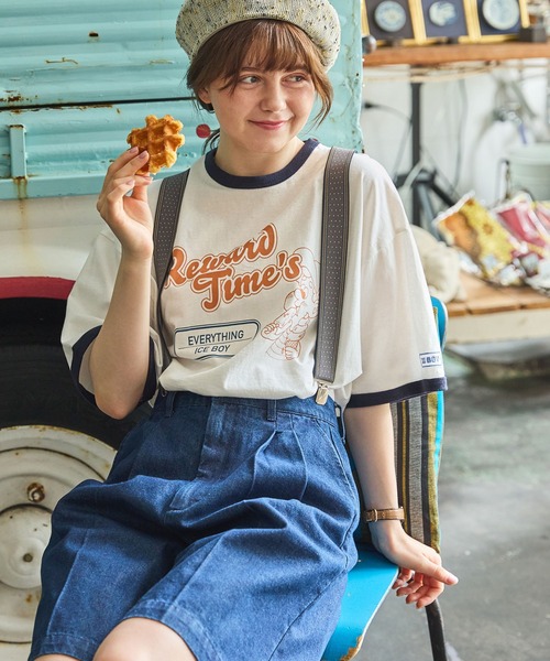 ユニークレトロboyグラフィックリンガーTシャツ MONO-MART LADY'S
