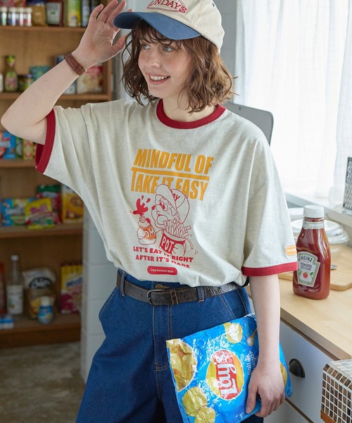 ユニークレトロboyグラフィックリンガーTシャツ MONO-MART LADY'S
