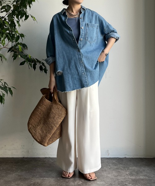 DouDou 　デニムシャツ　ダメージ セール】ダメージデニムシャツ（シャツ/ブラウス）｜DouDou