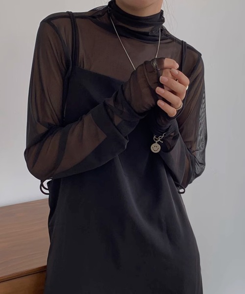 ARCHIVER（アーカイバ）の「【Bz】シースルーハイネックトップス/無地長袖Tシャツ(RZ)（Tシャツ/カットソー・レディース・グリーン/ブルー/ピンク/ブラック・FREE）」の2枚目の写真