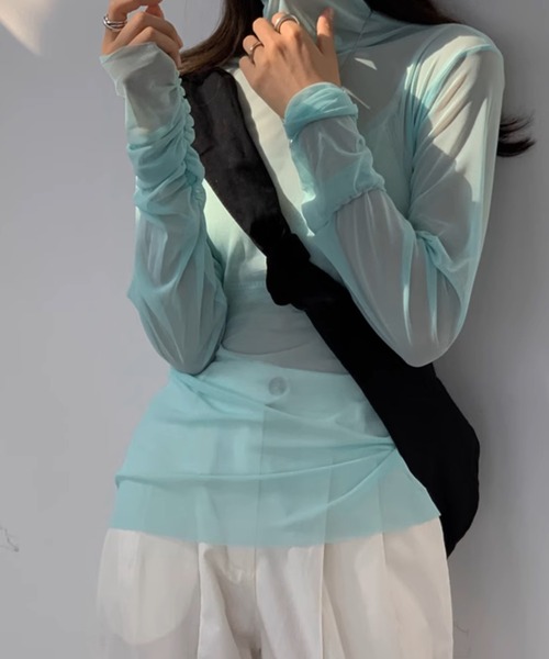 ARCHIVER（アーカイバ）の「【Bz】シースルーハイネックトップス/無地長袖Tシャツ(RZ)（Tシャツ/カットソー・レディース・グリーン/ブルー/ピンク/ブラック・FREE）」の6枚目の写真