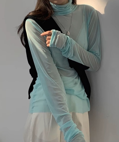 ARCHIVER（アーカイバ）の「【Bz】シースルーハイネックトップス/無地長袖Tシャツ(RZ)（Tシャツ/カットソー・レディース・グリーン/ブルー/ピンク/ブラック・FREE）」の7枚目の写真