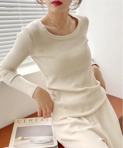 kirakiraShop（キラキラショップ）の「Uネック リブ ニット トップス（ニット/セーター・レディース・ブラック/ブラウン/グレー/オフホワイト/ピンク/モカ・FREE）」の8枚目の写真
