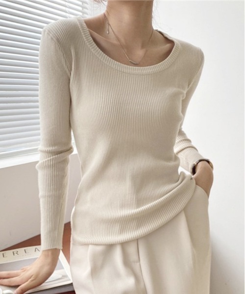 kirakiraShop（キラキラショップ）の「Uネック リブ ニット トップス（ニット/セーター・レディース・ブラック/ブラウン/グレー/オフホワイト/ピンク/モカ・FREE）」の10枚目の写真
