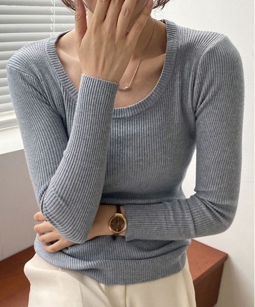 kirakiraShop（キラキラショップ）の「Uネック リブ ニット トップス（ニット/セーター・レディース・ブラック/ブラウン/グレー/オフホワイト/ピンク/モカ・FREE）」の11枚目の写真
