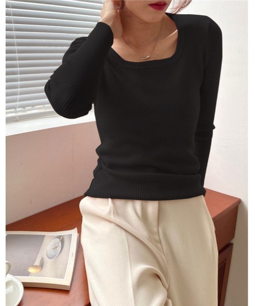 kirakiraShop（キラキラショップ）の「Uネック リブ ニット トップス（ニット/セーター・レディース・ブラック/ブラウン/グレー/オフホワイト/ピンク/モカ・FREE）」の7枚目の写真