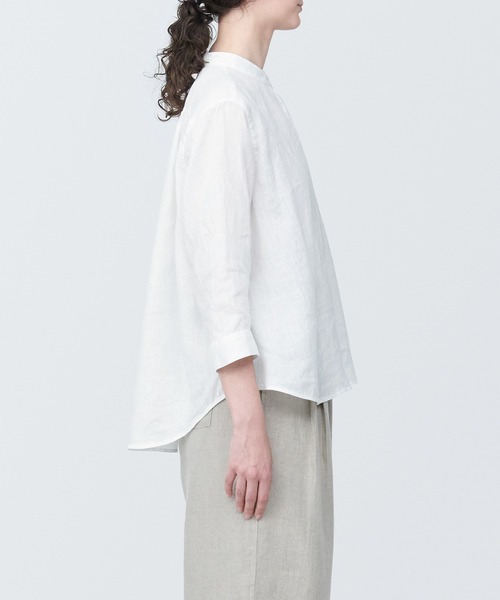 セール】婦人 リネン 洗いざらしスタンドカラー七分袖ブラウス（シャツ