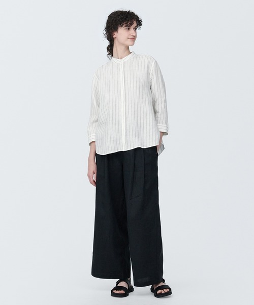 セール】婦人 リネン 洗いざらしスタンドカラー七分袖ブラウス（シャツ