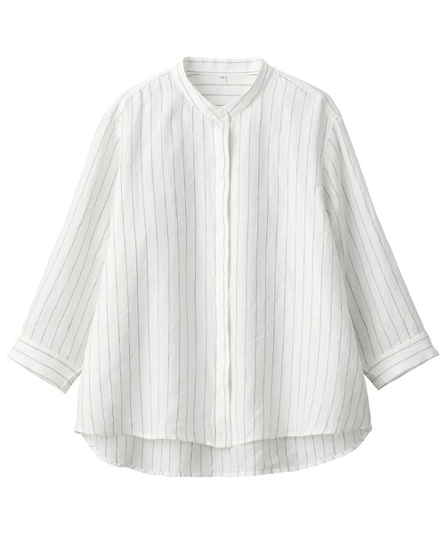 セール】婦人 リネン 洗いざらしスタンドカラー七分袖ブラウス（シャツ