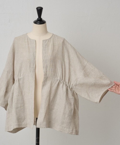 BEARDSLEY（ビアズリー）の「袖ぷっくりリネンシアージャケット（ノーカラージャケット・レディース・ベージュ/ブラック・FREE）」の6枚目の写真
