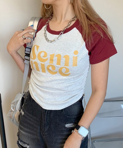 non-hedge(ノンヘッジ)の「ロゴサイドドロストラグランクロップド丈半袖チビTシャツ(Tシャツ/カットソー・レディース・ブラック/レッド/ネイビー・FREE)」の1枚目の写真