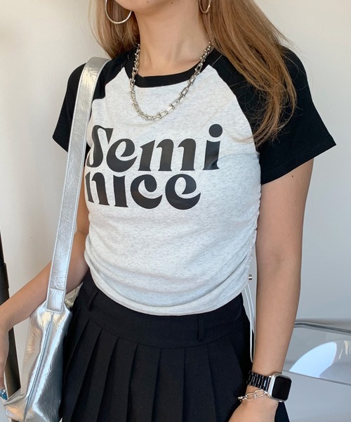 non-hedge(ノンヘッジ)の「ロゴサイドドロストラグランクロップド丈半袖チビTシャツ(Tシャツ/カットソー・レディース・ブラック/レッド/ネイビー・FREE)」の2枚目の写真