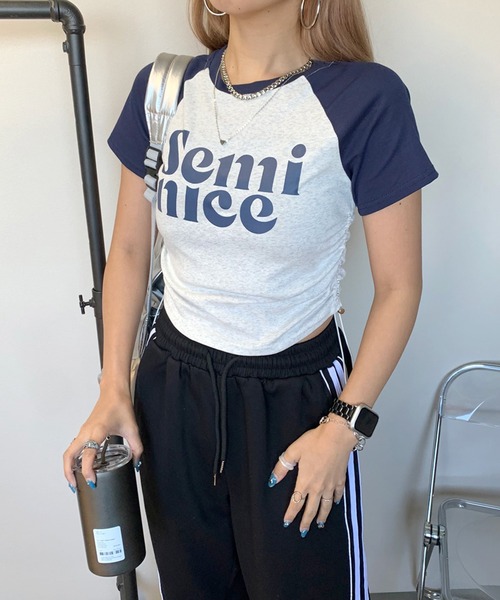 non-hedge(ノンヘッジ)の「ロゴサイドドロストラグランクロップド丈半袖チビTシャツ(Tシャツ/カットソー・レディース・ブラック/レッド/ネイビー・FREE)」の9枚目の写真