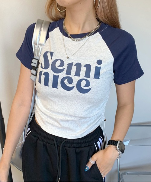 non-hedge(ノンヘッジ)の「ロゴサイドドロストラグランクロップド丈半袖チビTシャツ(Tシャツ/カットソー・レディース・ブラック/レッド/ネイビー・FREE)」の10枚目の写真