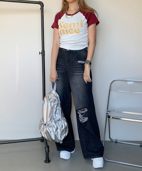 non-hedge(ノンヘッジ)の「ロゴサイドドロストラグランクロップド丈半袖チビTシャツ(Tシャツ/カットソー・レディース・ブラック/レッド/ネイビー・FREE)」の18枚目の写真