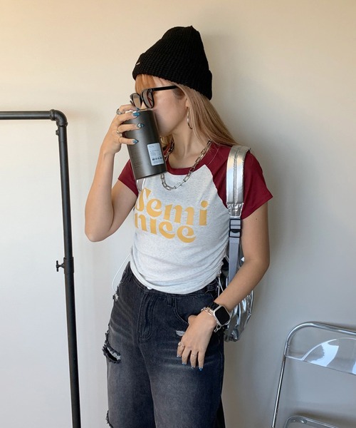 non-hedge(ノンヘッジ)の「ロゴサイドドロストラグランクロップド丈半袖チビTシャツ(Tシャツ/カットソー・レディース・ブラック/レッド/ネイビー・FREE)」の19枚目の写真