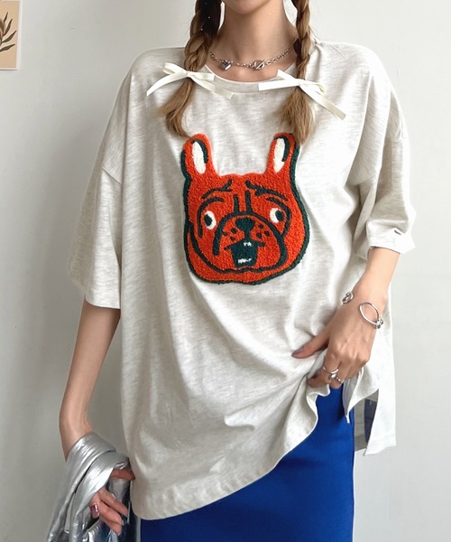 tシャツ アニマル調ドット柄ジャージーカットソー/洗える レディース アニマル カレッジロゴ ロンT レディース トップス 長袖・再再販