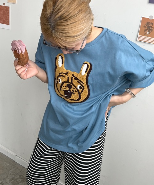 tシャツ アニマル調ドット柄ジャージーカットソー/洗える レディース アニマル カレッジロゴ ロンT レディース トップス 長袖・再再販
