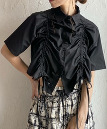 半袖ショート丈クロップドドロストシャーリングギャザーリボンシャツブラウス