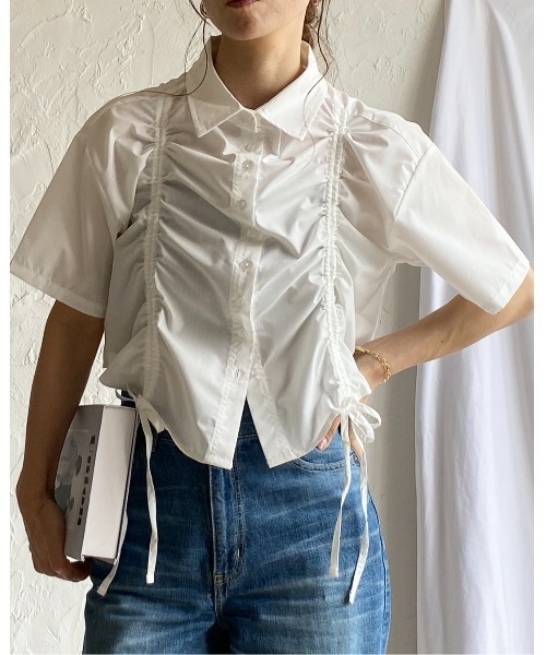 She's Closet(シーズクローゼット)の「半袖ショート丈クロップドドロストシャーリングギャザーリボンシャツブラウス(シャツ/ブラウス・レディース・ホワイト/ブルー/ブラック・FREE)」の19枚目の写真