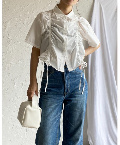 She's Closet(シーズクローゼット)の「半袖ショート丈クロップドドロストシャーリングギャザーリボンシャツブラウス(シャツ/ブラウス・レディース・ホワイト/ブルー/ブラック・FREE)」の20枚目の写真