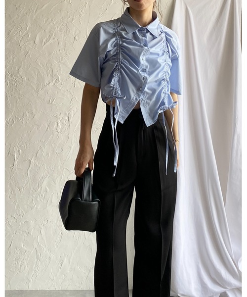 She's Closet(シーズクローゼット)の「半袖ショート丈クロップドドロストシャーリングギャザーリボンシャツブラウス(シャツ/ブラウス・レディース・ホワイト/ブルー/ブラック・FREE)」の21枚目の写真