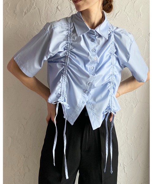 She's Closet(シーズクローゼット)の「半袖ショート丈クロップドドロストシャーリングギャザーリボンシャツブラウス(シャツ/ブラウス・レディース・ホワイト/ブルー/ブラック・FREE)」の22枚目の写真