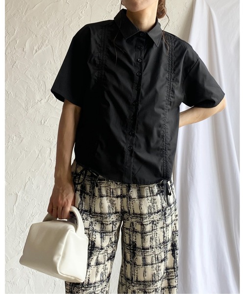 セール】半袖ショート丈クロップドドロストシャーリングギャザー