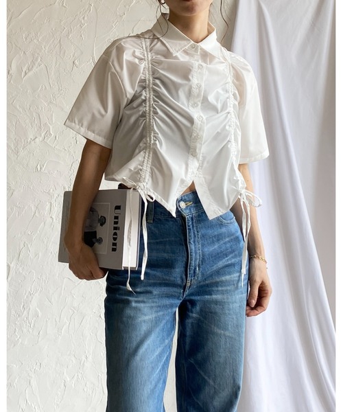 She's Closet(シーズクローゼット)の「半袖ショート丈クロップドドロストシャーリングギャザーリボンシャツブラウス(シャツ/ブラウス・レディース・ホワイト/ブルー/ブラック・FREE)」の18枚目の写真