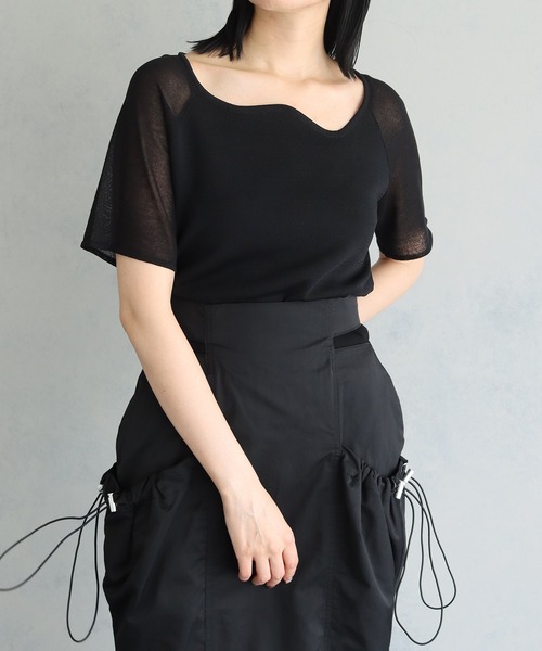 &g'aime（アンジェム）の「【&g’aime】カーブネック袖シースルーニットトップス（ニット/セーター・レディース・ブラック/チャコールグレー/ブルー・FREE）」の5枚目の写真