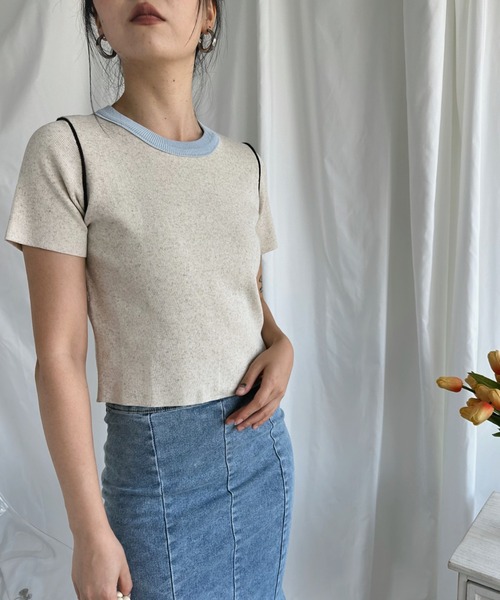 aimoha（アイモハ）の「カラフルバインダーネックTシャツ（Tシャツ/カットソー・レディース・ブルー/オフホワイト/ピンク/ベージュ/グリーン・MEDIUM）」の3枚目の写真