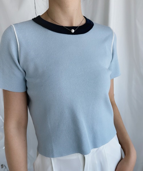 aimoha（アイモハ）の「カラフルバインダーネックTシャツ（Tシャツ/カットソー・レディース・ブルー/オフホワイト/ピンク/ベージュ/グリーン・MEDIUM）」の5枚目の写真