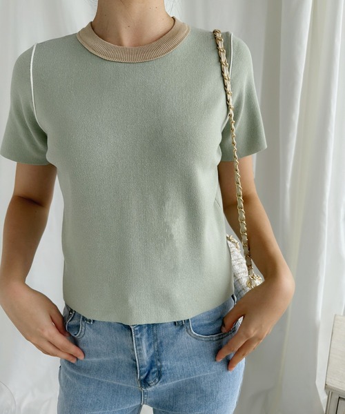 aimoha（アイモハ）の「カラフルバインダーネックTシャツ（Tシャツ/カットソー・レディース・ブルー/オフホワイト/ピンク/ベージュ/グリーン・MEDIUM）」の4枚目の写真