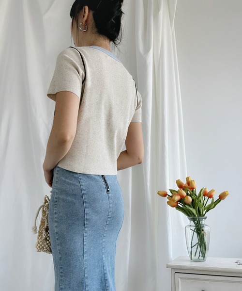 aimoha（アイモハ）の「カラフルバインダーネックTシャツ（Tシャツ/カットソー・レディース・ブルー/オフホワイト/ピンク/ベージュ/グリーン・MEDIUM）」の8枚目の写真