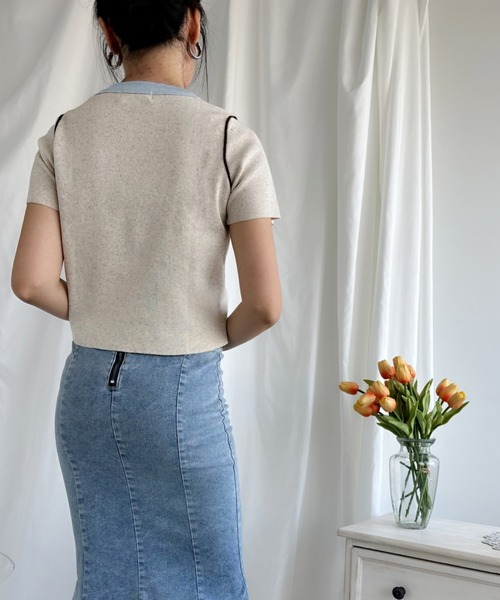 aimoha（アイモハ）の「カラフルバインダーネックTシャツ（Tシャツ/カットソー・レディース・ブルー/オフホワイト/ピンク/ベージュ/グリーン・MEDIUM）」の9枚目の写真