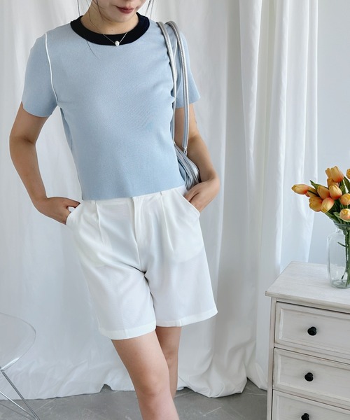 aimoha（アイモハ）の「カラフルバインダーネックTシャツ（Tシャツ/カットソー・レディース・ブルー/オフホワイト/ピンク/ベージュ/グリーン・MEDIUM）」の12枚目の写真