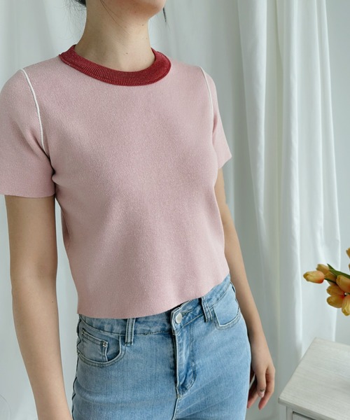 aimoha（アイモハ）の「カラフルバインダーネックTシャツ（Tシャツ/カットソー・レディース・ブルー/オフホワイト/ピンク/ベージュ/グリーン・MEDIUM）」の19枚目の写真