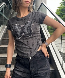 A'GEM/9 × .kom 『.KOM/ドットケーオーエム』ブロークン蝶クロップTEE