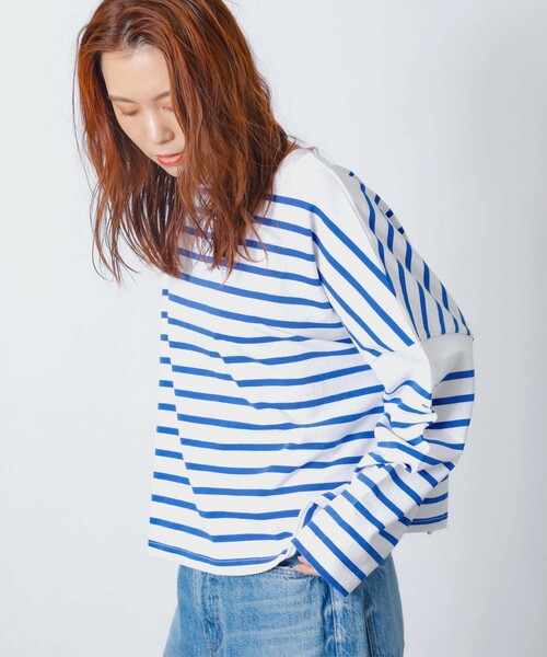 MONT KEMMEL(モンケメル)の「【MONT KEMMEL/モン ケメル】ワイドバスクシャツ / ボーダーロングスリーブT / ショート丈(Tシャツ/カットソー・レディース・ホワイト/ブラック/ブルー・フリー)」の1枚目の写真