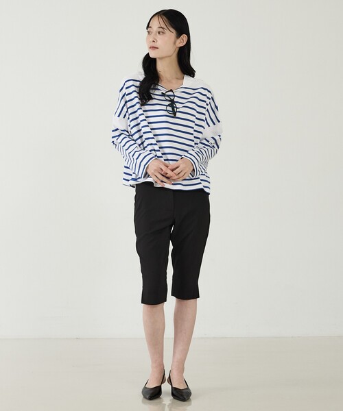 MONT KEMMEL(モンケメル)の「【MONT KEMMEL/モン ケメル】ワイドバスクシャツ / ボーダーロングスリーブT / ショート丈(Tシャツ/カットソー・レディース・ホワイト/ブラック/ブルー・フリー)」の4枚目の写真