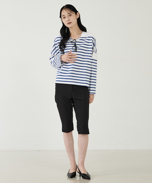MONT KEMMEL(モンケメル)の「【MONT KEMMEL/モン ケメル】ワイドバスクシャツ / ボーダーロングスリーブT / ショート丈(Tシャツ/カットソー・レディース・ホワイト/ブラック/ブルー・フリー)」の5枚目の写真
