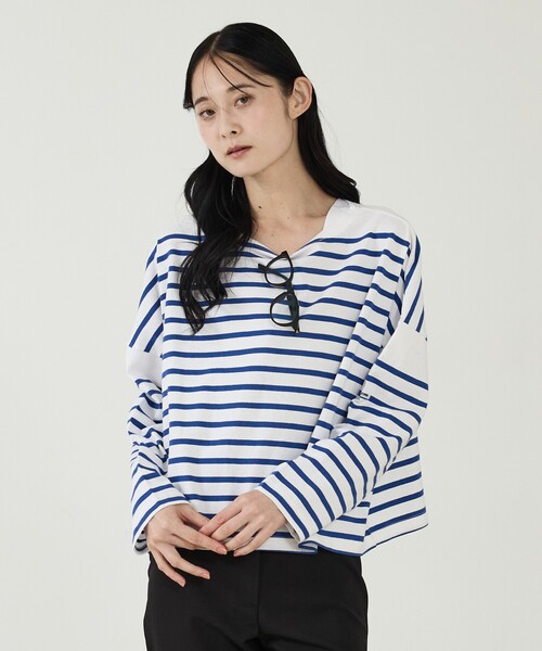 MONT KEMMEL(モンケメル)の「【MONT KEMMEL/モン ケメル】ワイドバスクシャツ / ボーダーロングスリーブT / ショート丈(Tシャツ/カットソー・レディース・ホワイト/ブラック/ブルー・フリー)」の6枚目の写真
