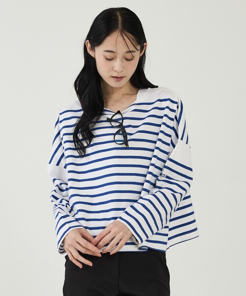 MONT KEMMEL(モンケメル)の「【MONT KEMMEL/モン ケメル】ワイドバスクシャツ / ボーダーロングスリーブT / ショート丈(Tシャツ/カットソー・レディース・ホワイト/ブラック/ブルー・フリー)」の7枚目の写真