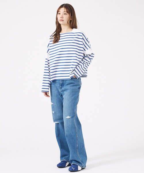 MONT KEMMEL(モンケメル)の「【MONT KEMMEL/モン ケメル】ワイドバスクシャツ / ボーダーロングスリーブT / ショート丈(Tシャツ/カットソー・レディース・ホワイト/ブラック/ブルー・フリー)」の8枚目の写真