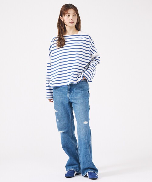 MONT KEMMEL(モンケメル)の「【MONT KEMMEL/モン ケメル】ワイドバスクシャツ / ボーダーロングスリーブT / ショート丈(Tシャツ/カットソー・レディース・ホワイト/ブラック/ブルー・フリー)」の9枚目の写真