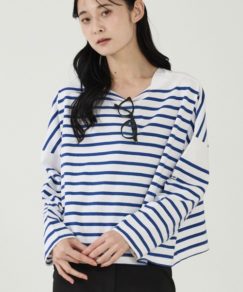 MONT KEMMEL(モンケメル)の「【MONT KEMMEL/モン ケメル】ワイドバスクシャツ / ボーダーロングスリーブT / ショート丈(Tシャツ/カットソー・レディース・ホワイト/ブラック/ブルー・フリー)」の1枚目の写真