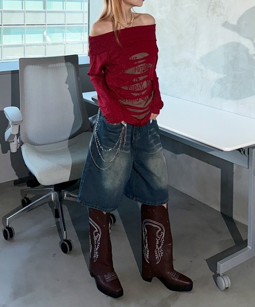 sedacle girl(セダクルガール)の「ダメージレイヤード風オフショルダー(Tシャツ/カットソー・レディース・ブラック/ボルドー・SMALL/MEDIUM)」の14枚目の写真