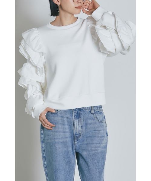 &. NOSTALGIA(アンドドットノスタルジア)の「花びらスリーブボンディングトップス(Tシャツ/カットソー・レディース・ブラック/オフホワイト・M)」の5枚目の写真